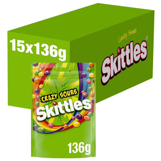 Skittles Vegan Chewy Crazy Sour Sweets Fruit Flavoured Pouch Bag 136g