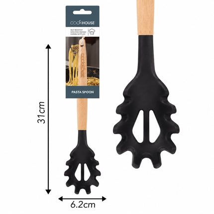 PASTA SPOON BLK SILICONE WOOD HANDLE