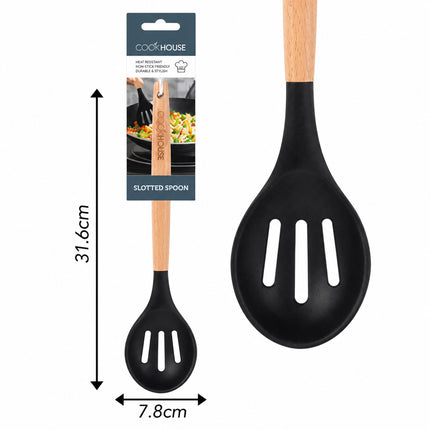 SLOTTED SPOON BLK SILICONE WOOD HANDLE