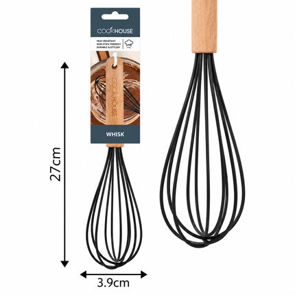 WHISK BLK SILICONE WOOD HANDLE