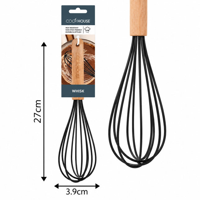 WHISK BLK SILICONE WOOD HANDLE